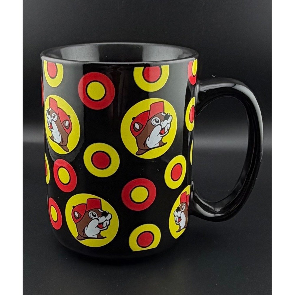 Buc-ee's Coffee Mug Black Red Yellow Buc-ee Beaver Logo Polka Dot Texas